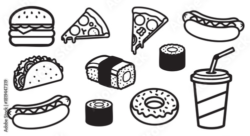 Black and white vector illustration of fast food favorites collection
