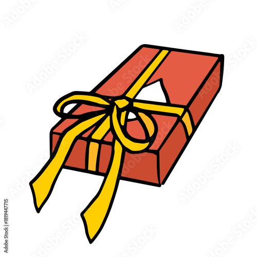 red rectangular gift box with a vibrant yellow ribbon, slightly ajar to reveal a peek inside for holiday cards, promotional banners, e-commerce listings, party invitations.