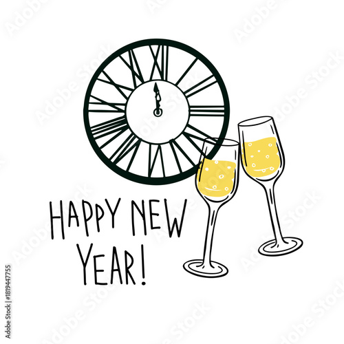 Webfestive hand drawn graphic illustration of clock striking midnight, two bubbly champagne flutes and “Happy New Year!” text. Perfect for greeting cards, party invitations, social media banners. 