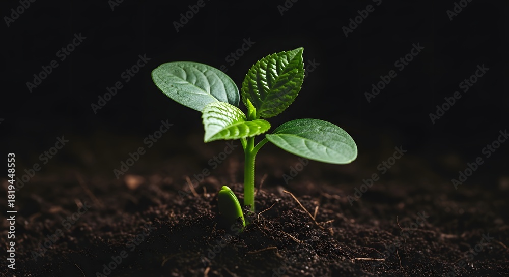 Naklejka premium Small green seedling emerging from dark soil symbolizing new growth