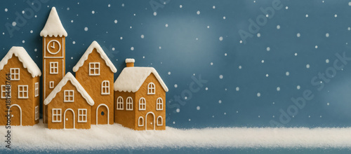 Christmas gingerbread house with snow against blue sky, suitable for holiday background