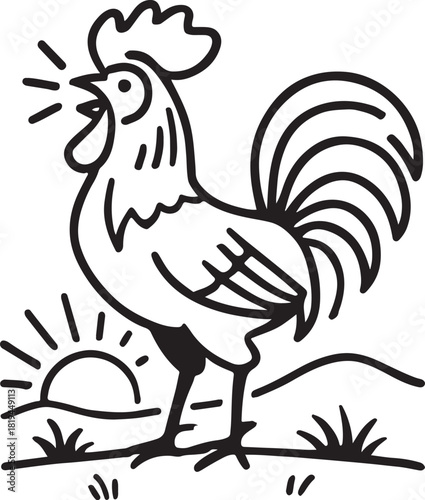 Black line art rooster crowing at sunrise on grassy hill dawn morning