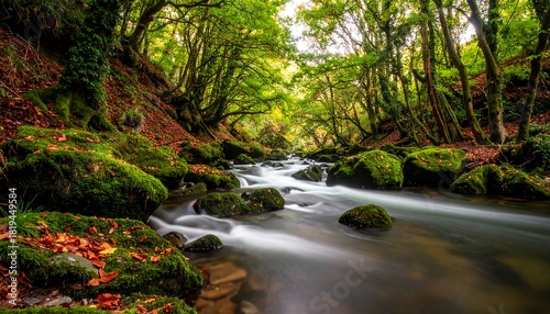Serene forest scene with stream flowing over mossy rocks