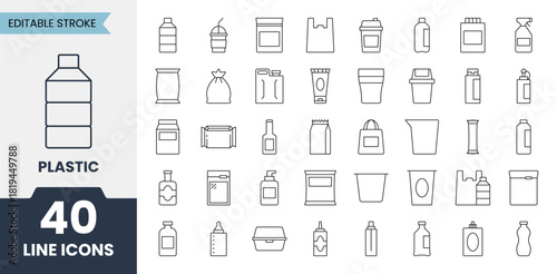 Plastic line icons set with editable stroke. Contains icons related to water bottle, packaging, zip package, spray, bag, disposable tableware and more. Vector illustration