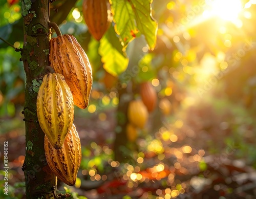 Ripe cocoa pods hanging on a tree, bathed in sunlight, soft focus