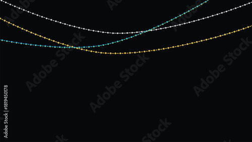 String of delicate fairy lights with white, gold, and teal beads on black background