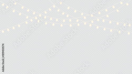 String of warm white fairy lights or garland hanging against a transparent background