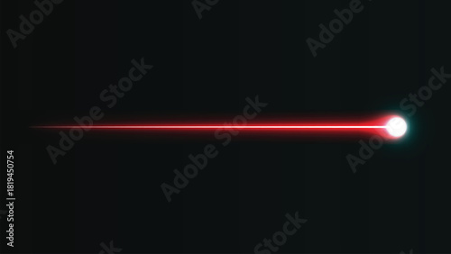 Bright red laser beam light streak with glowing tip moving across dark background