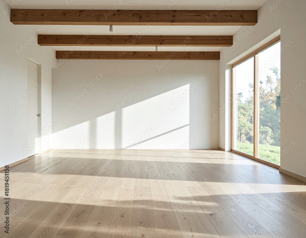 Fototapeta premium Bright and spacious empty room with wooden beams and large windows in a contemporary building