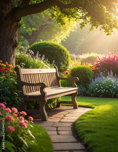 Serene garden scene with bench, flowers, and a sunlit pathway