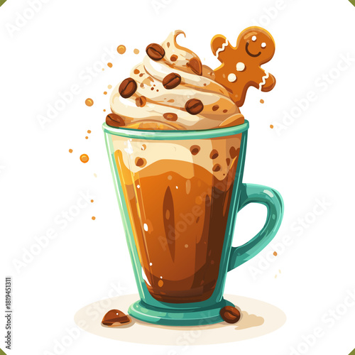 Vector illustration of a creamy latte dessert in a glass with whipped cream, caramel, chocolate pieces, candy cane, isolated on a white background. Vector illustration of winter beverage