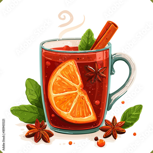 Vector illustration of a glass of red mulled wine with orange slices, cinnamon, star anise, isolated on a white background. Vector illustration of winter beverage on white background