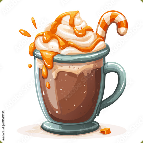 Vector illustration of a cup of caramel coffee with whipped cream, candy cane, mint leaves, isolated on a white background. Vector illustration of winter beverage on white background