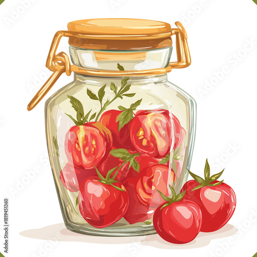 Vector illustration of sun-dried tomatoes. Vector illustration of a glass jar filled with red tomatoes with green leaves, isolated on a white background