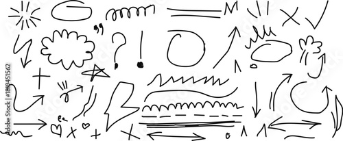 Collection of hand drawn doodle arrows and symbols. A diverse assortment of hand-drawn, black and white doodle elements including arrows, circles, lines, and abstract shapes.