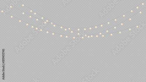 String of warm white fairy lights or string lights hanging against a transparent background