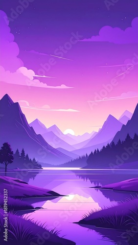 Serene illustration of a purple mountain landscape reflecting on water