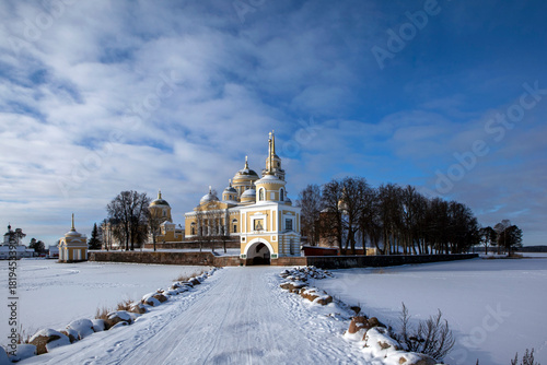 The Nilov-Stolobenskaya Hermitage on Lake Seliger, on Stolobny Island, on a sunny winter day. Tver Oblast, Russia