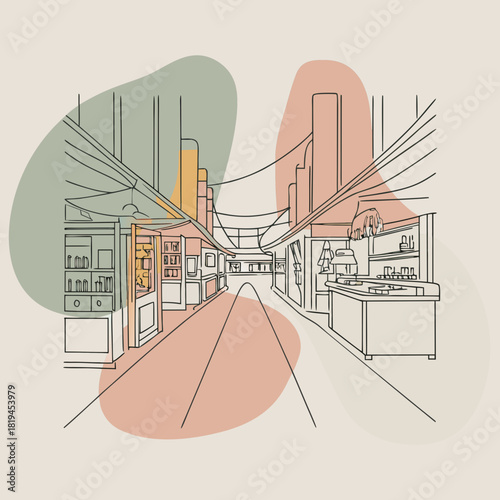 Abstract line art of a bustling market hall with colorful blobs