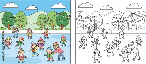 Coloring book page for kids showing happy children ice skating on a frozen pond in a winter park with festive lights and trees vector illustration