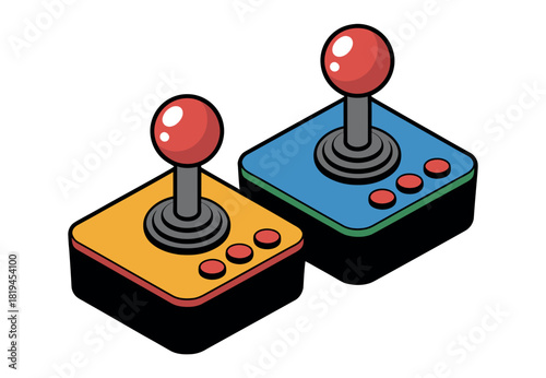Two retro arcade joysticks sit side by side.