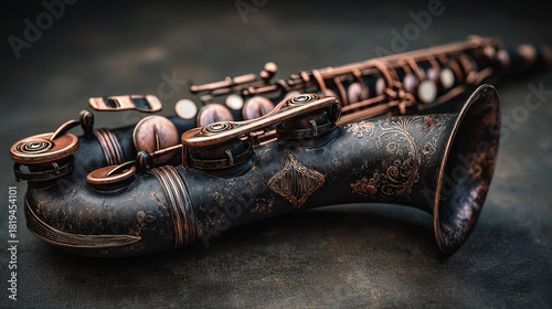A close-up shot of a vintage saxophone with intricate details. The saxophone has a copper finish