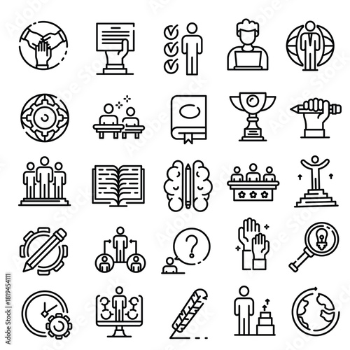 Minimal line icons representing staff education, training, and skill development.