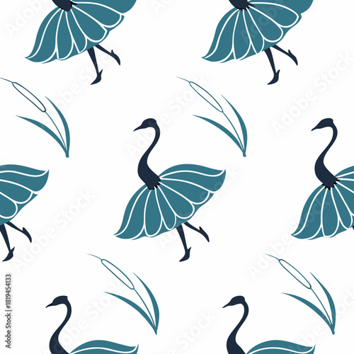 Elegant swan ballet dancers and reeds pattern