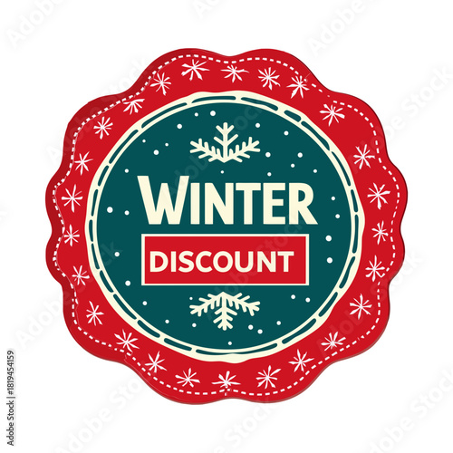 Circular, festive badge in red and teal featuring "WINTER DISCOUNT" text, snow, and snowflake borders. Ideal for e-commerce, retail sites, or marketing blogs promoting seasonal sales