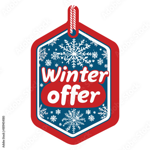 Red and blue hexagonal price tag featuring "Winter offer" text and white snowflake graphics. Perfect for retail, e-commerce, or marketing blogs promoting seasonal discounts and sales