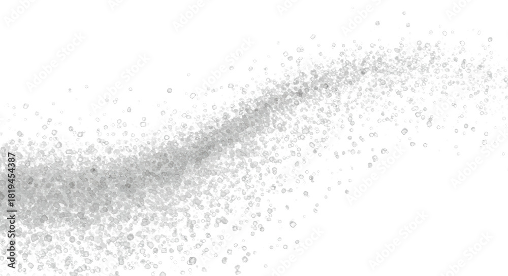 Obraz premium Photorealistic macro shot of thousands of tiny, translucent white sugar crystals forming an elegant, upward-sweeping curve, captured mid-air on a stark white background. Concept of abstract purity