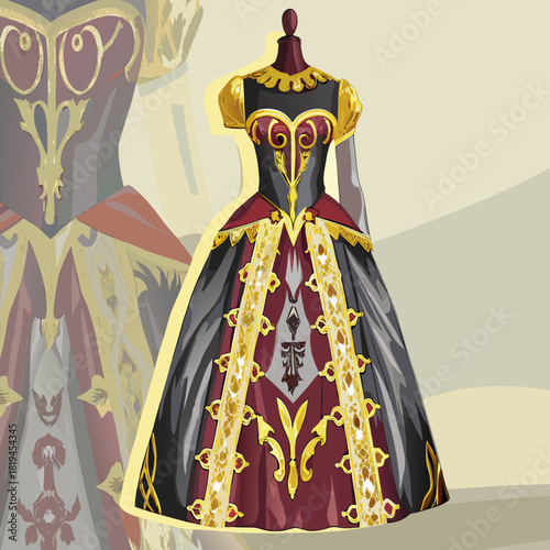 Ornate queen of hearts inspired ball gown with gold accents