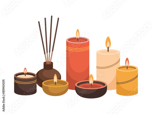 A collection of lit candles and incense sticks is displayed.