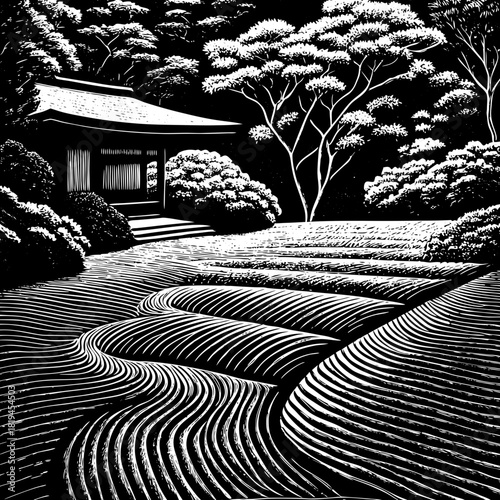 Serene japanese garden with raked sand and traditional architecture