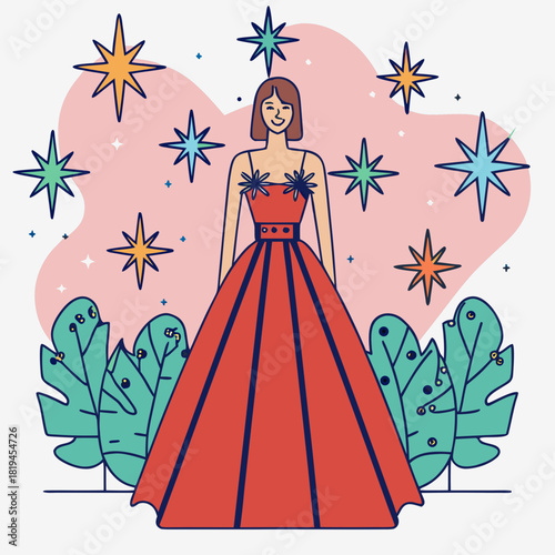 Woman in a red gown surrounded by stars and tropical leaves
