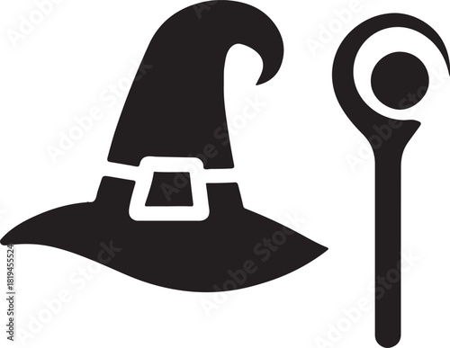 Black witch hat and staff icon on white background wizard hat magic staff
