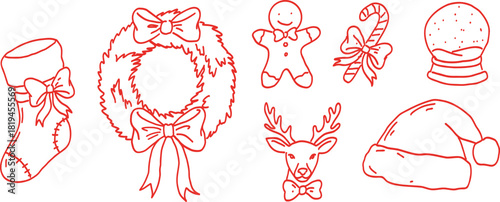 Festive Christmas doodle set featuring hand-drawn holiday icons like stockings, wreaths, gingerbread, candy cane, reindeer, Santa hat, and snow globe. Perfect for cards, stickers, and seasonal design.