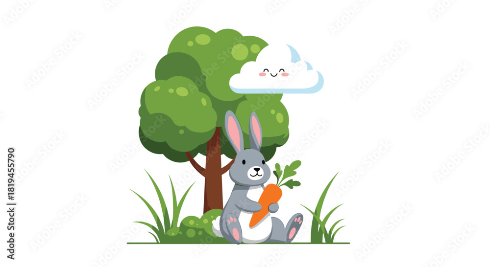 Fototapeta premium Charming cartoon illustration of a cute rabbit holding a carrot while sitting under a tree with a happy cloud above.