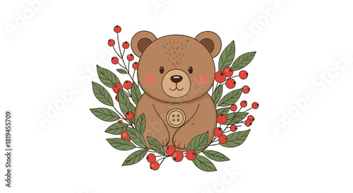Adorable hand-drawn teddy bear character with a button tummy sitting among festive red berries and green leaves.