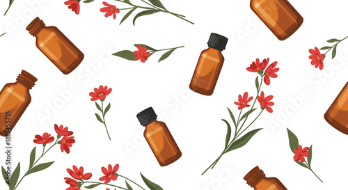 Lovely seamless pattern of essential oil dropper bottles and delicate red flowers perfect for aromatherapy and wellness designs.