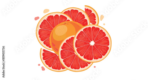 Vibrant and juicy composition of a whole grapefruit surrounded by fresh citrus slices isolated on a white background.