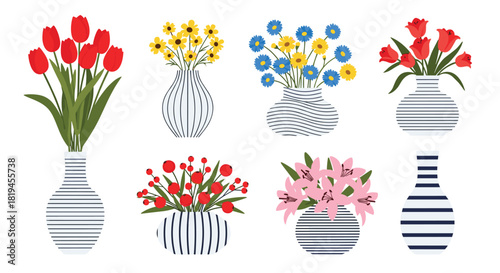 Beautiful collection of colorful flower bouquets including tulips and lilies in stylish black and white striped vases.