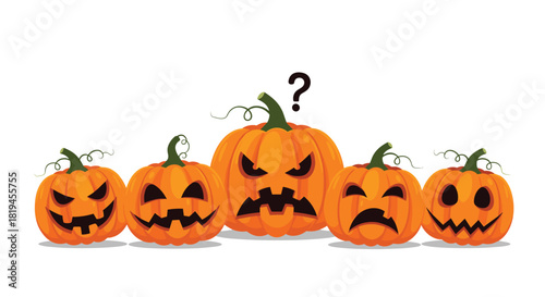 Fun Halloween illustration of five carved pumpkins with various funny and spooky faces on a clean white background.