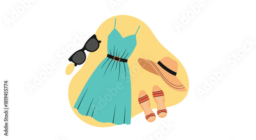 Stylish flat lay illustration of a summer vacation outfit with a sundress hat and sunglasses for a fashion concept.