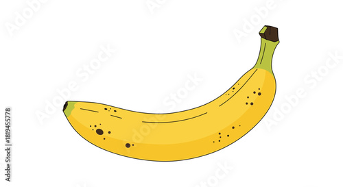 Simple and clean illustration of a single ripe yellow banana with brown spots isolated on a plain white background.
