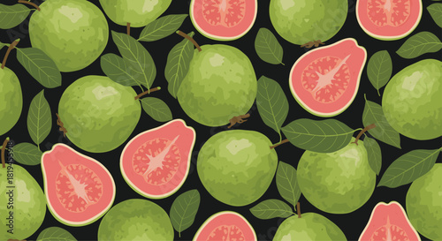 Vibrant seamless pattern of whole and half-cut guava fruits with pink flesh on a contrasting dark background.