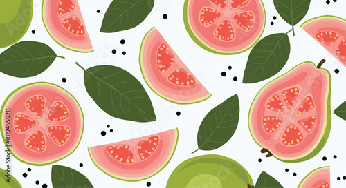 Fresh seamless pattern of sliced and whole guava fruits with green leaves and black dots on a white background.