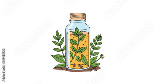 Hand-drawn illustration of a glass bottle containing herbal oil or tincture with a fresh mint sprig inside.