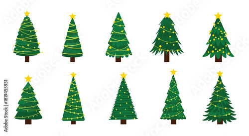 Festive collection of ten beautifully decorated Christmas trees with golden stars and glowing lights on a white background.