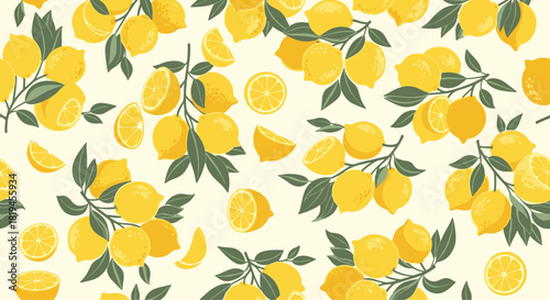 Bright and cheerful seamless pattern of fresh yellow lemons on branches with green leaves on a light background.